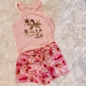 btween Pink Tank Top and Floral Shorts Set with Gold Sequin Palm